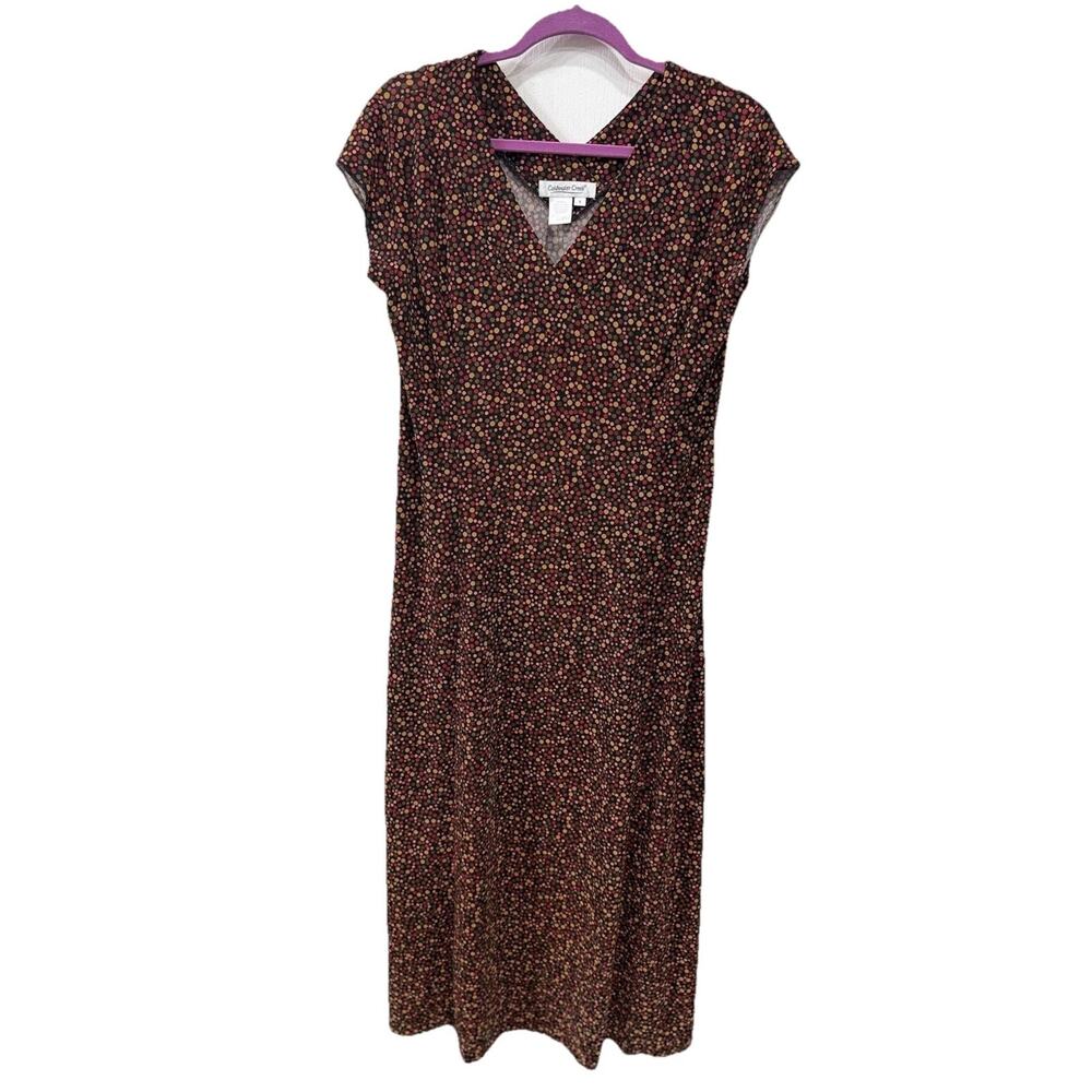 Coldwater Creek Women's Small Maxi Dress Autumn Polka Dot V-Neck Cap Sleeve Fall